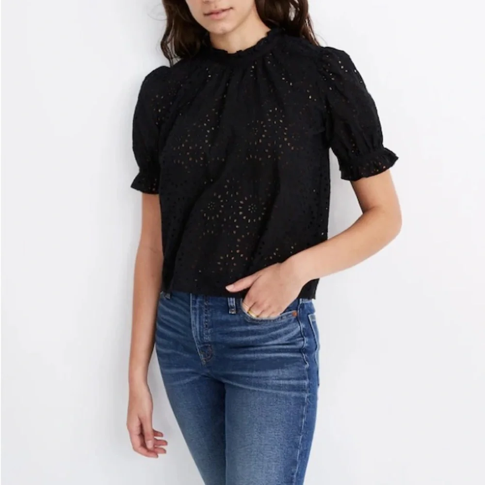 Madewell Small Black Embroidered Eyelet Ruffle-Neck‎ Keyhole Top